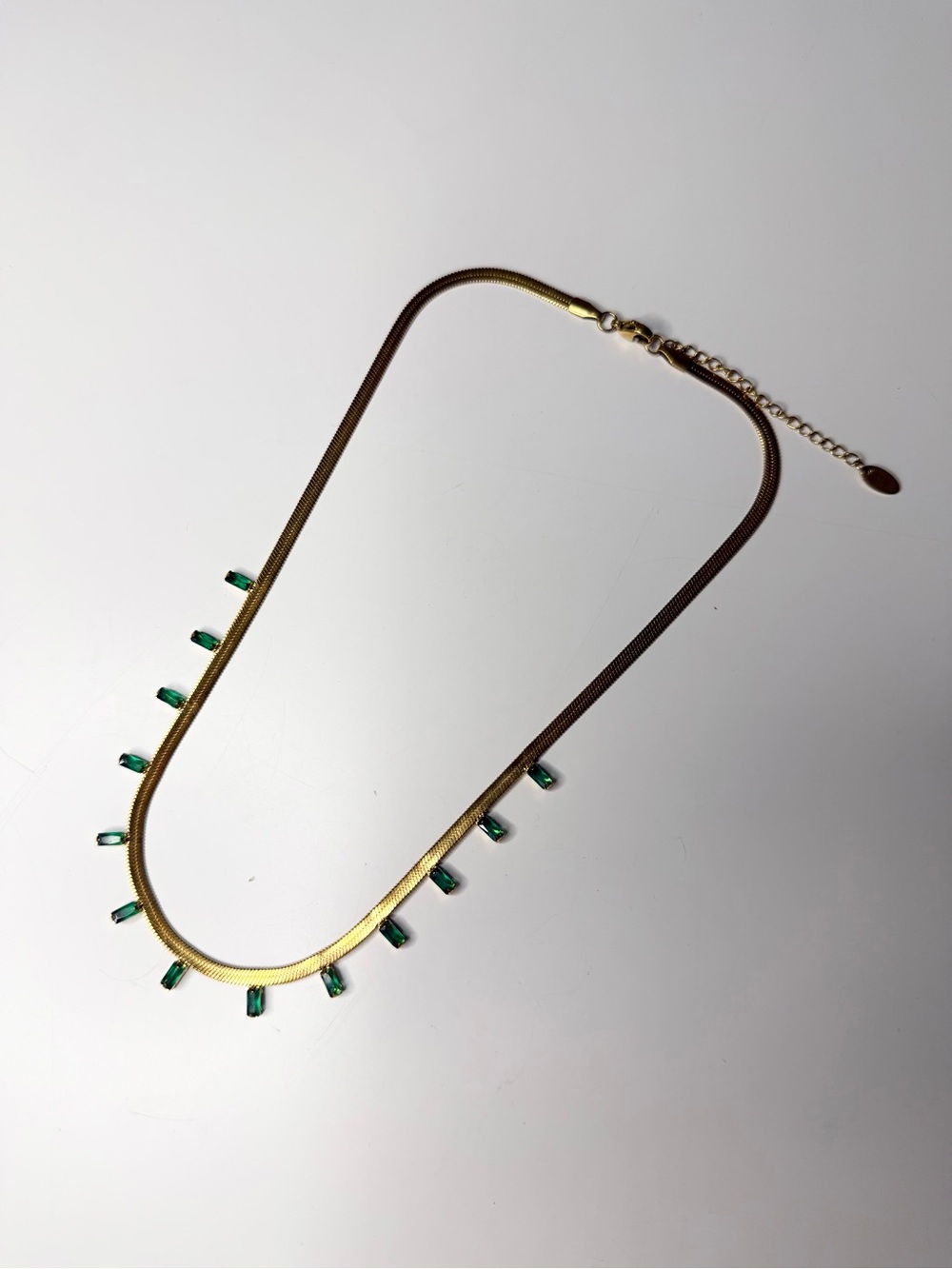 18K Gold Plated Stainless Steel Emerald Green Baguette Herringbone Necklace - Picture 2 of 4